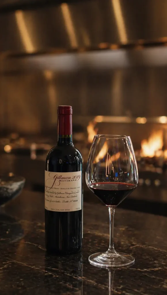 Bottle of New Zealand red wine and a glass of wine displayed beside an open-fire grill at Barrel & Co Rotorua.